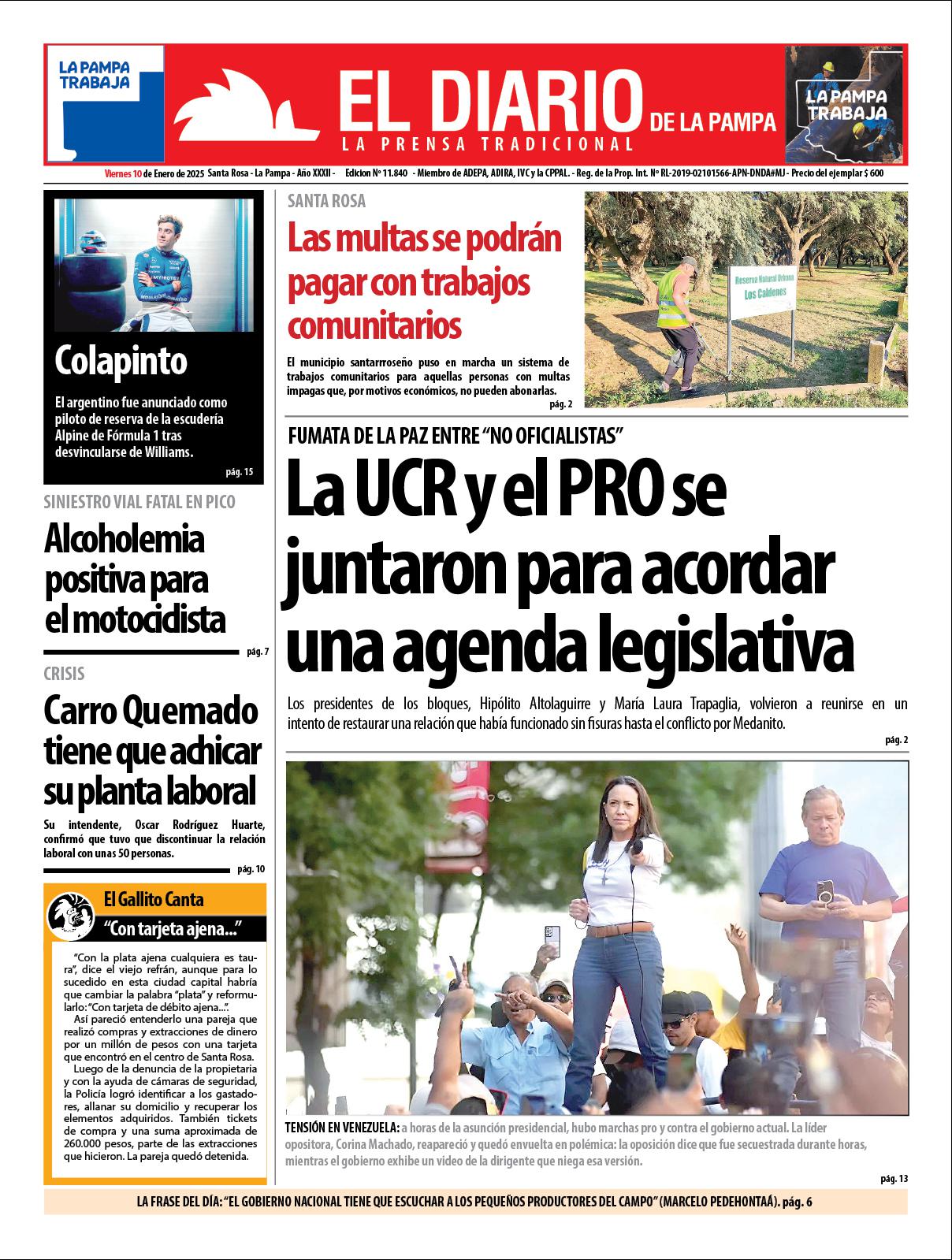 Tapa de El Diario en papel  viernes 10 de enero de 2025